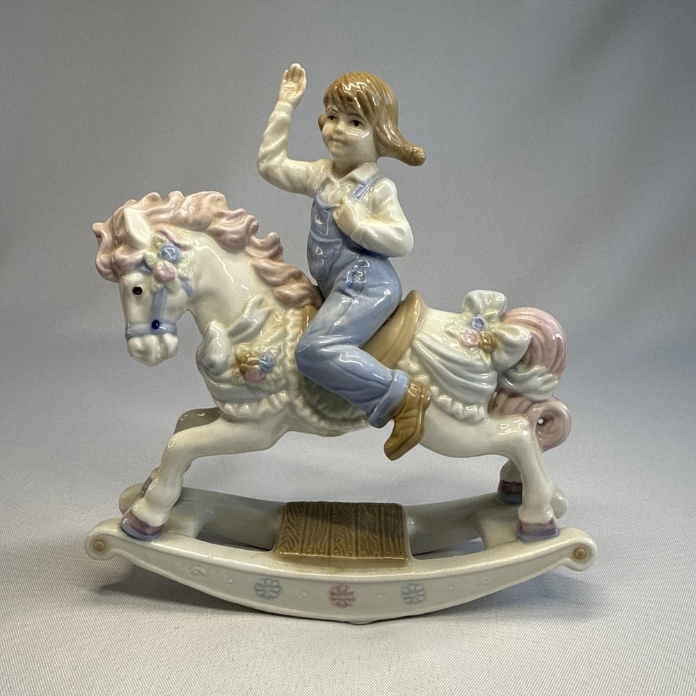 1991 Meico Paul Sebastian Figurine Girl Riding Rocking Horse Porcelain - Vintage